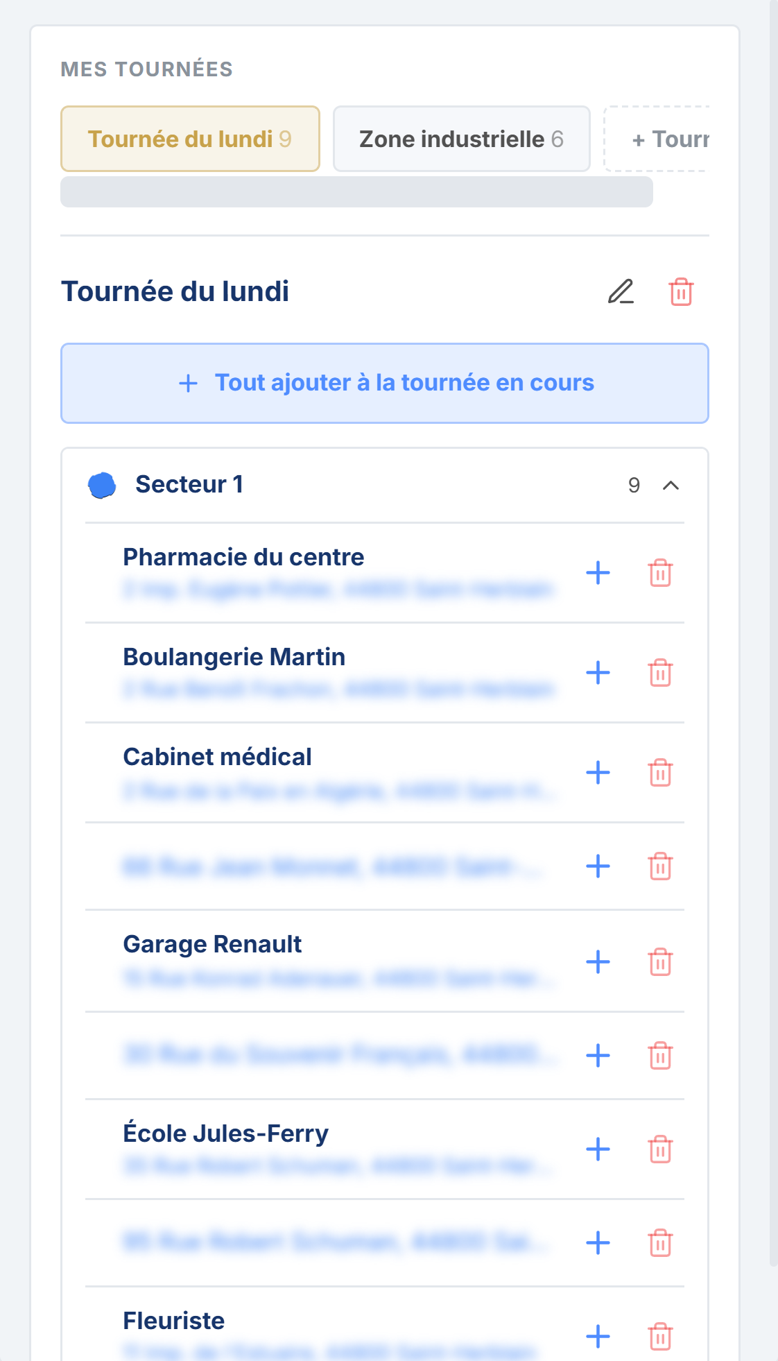 Écran ATEQO : carnet d'adresses, circuits « Tournée du lundi » et « Zone industrielle », adresses classées par secteur