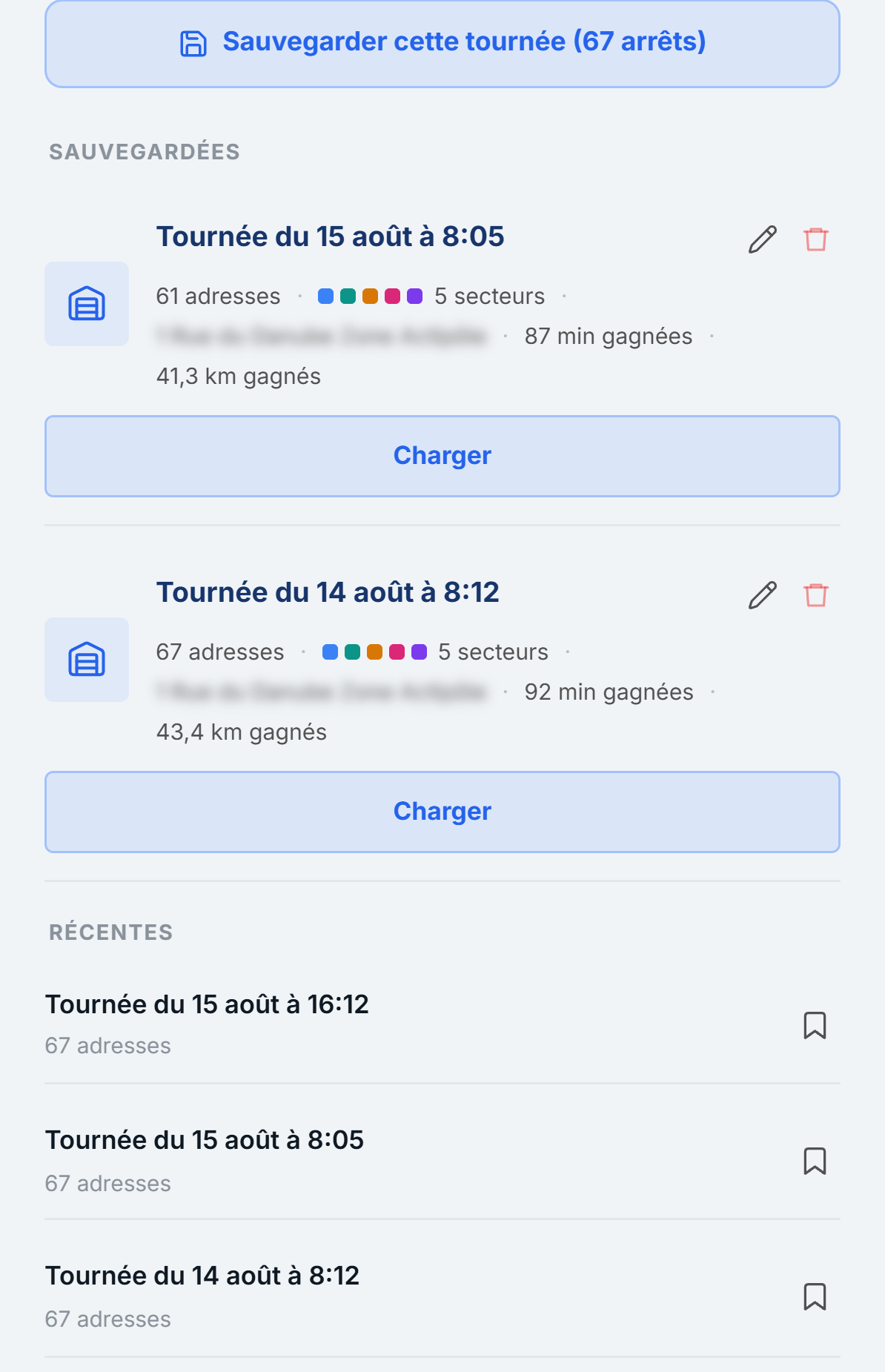 Écran ATEQO : deux tournées enregistrées, avec leurs secteurs et leurs gains