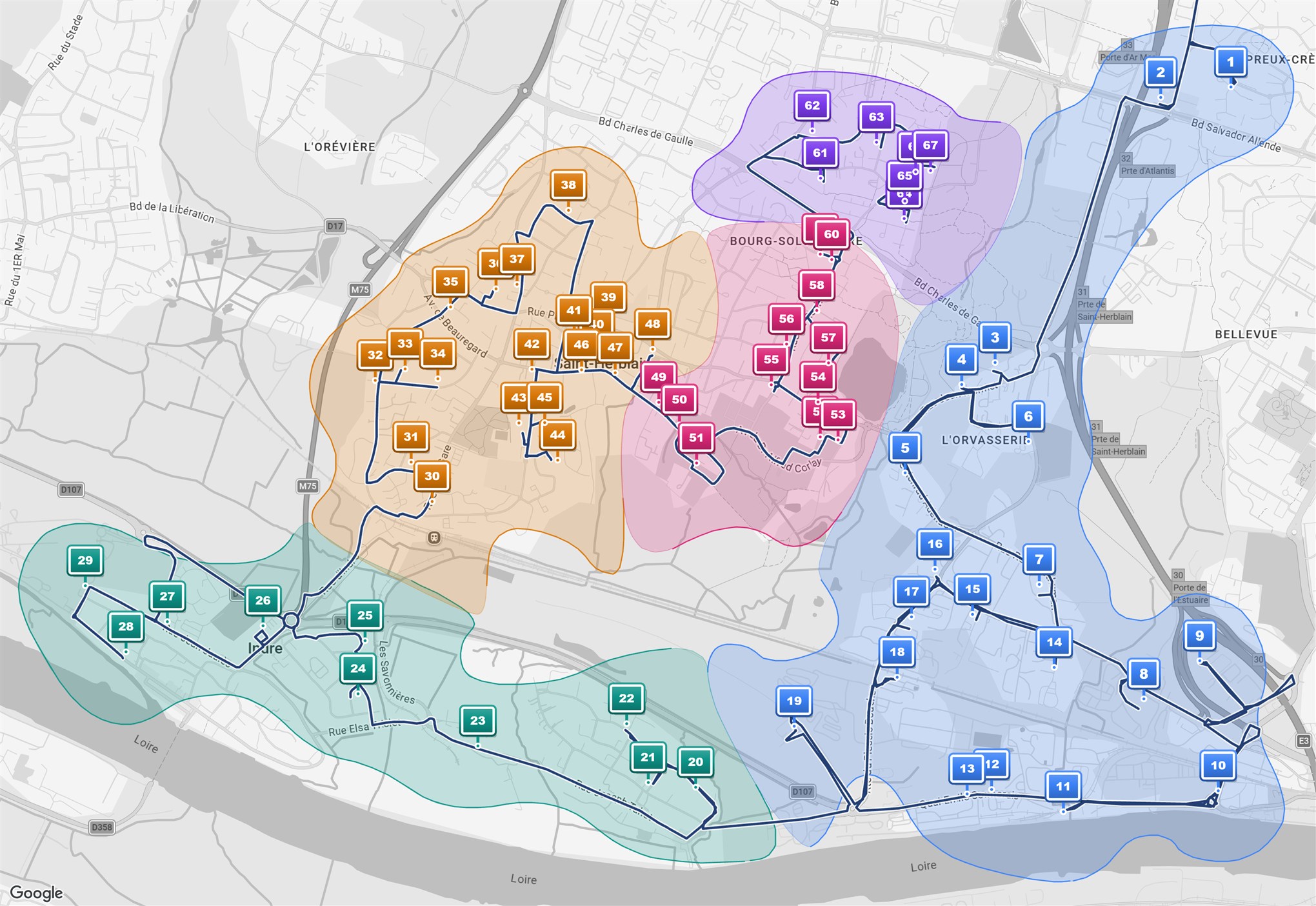 Carte ATEQO : la tournée optimisée, arrêts numérotés