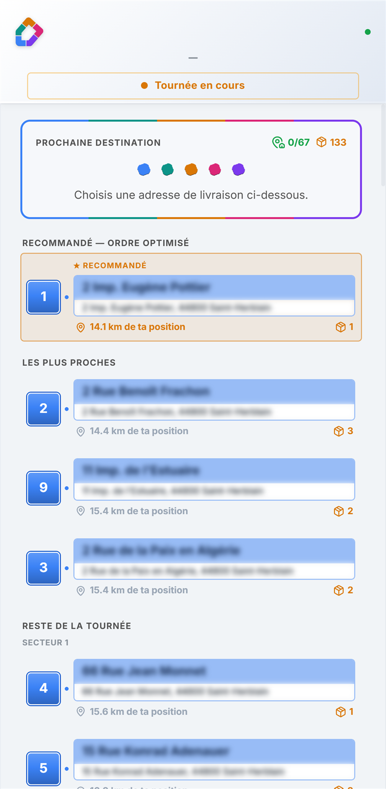 Écran ATEQO : la destination recommandée, puis les adresses les plus proches
