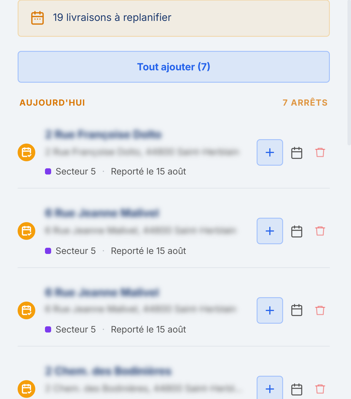Écran ATEQO : les livraisons à replanifier, avec leur date de report