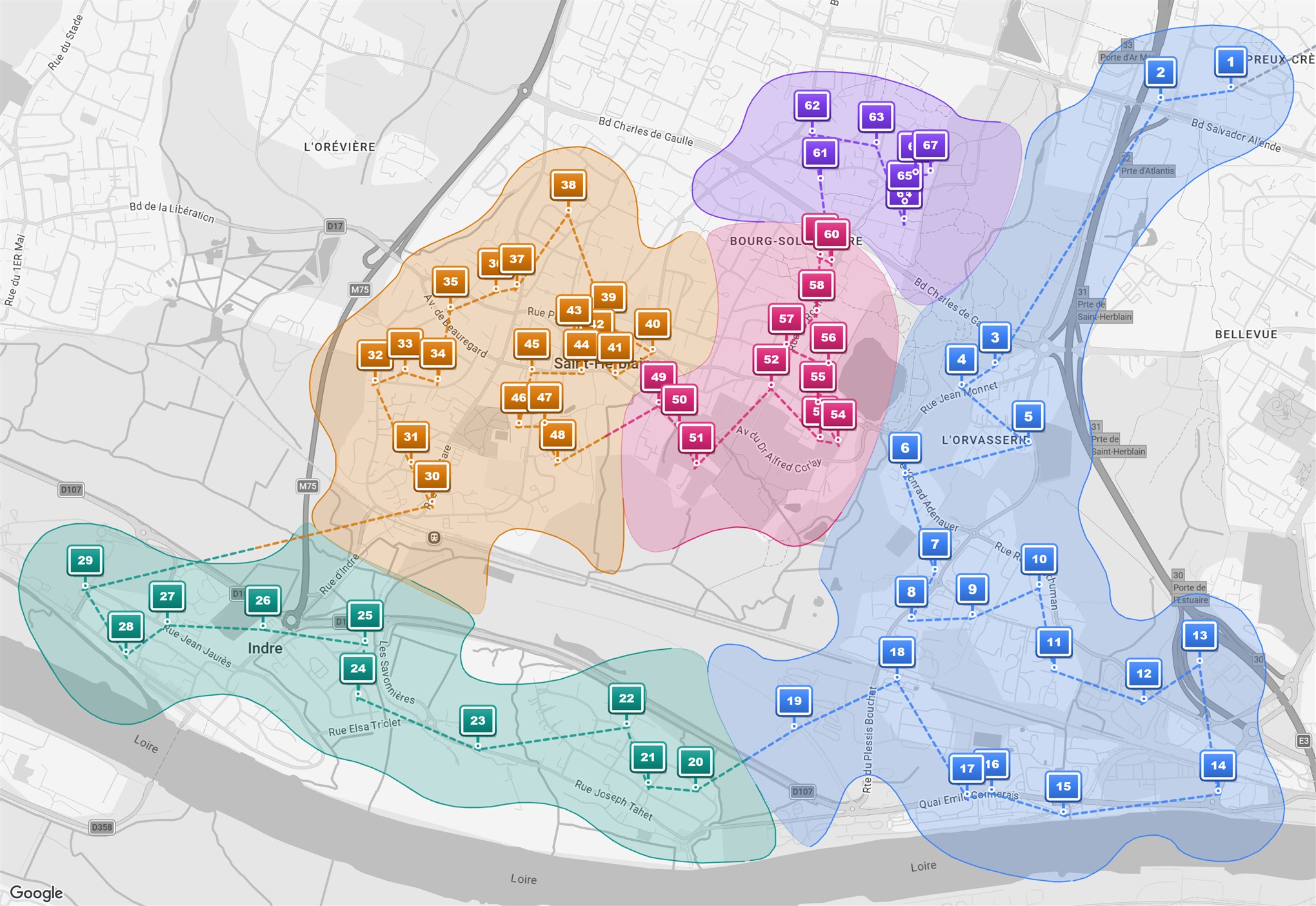 Carte ATEQO : 67 arrêts répartis en 5 secteurs de couleur