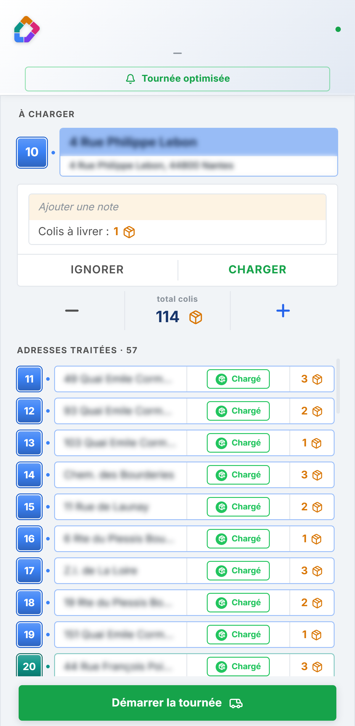 Écran ATEQO : tournée optimisée, 1 h 32 gagnée, 133 colis pour 67 adresses